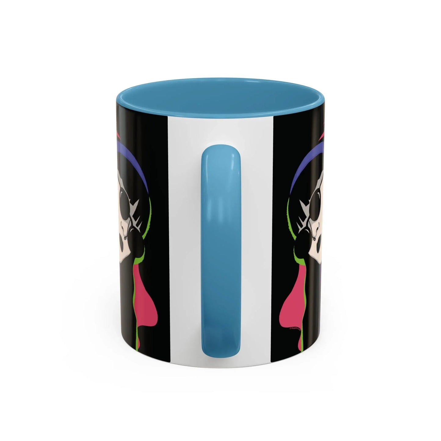 Strikingly contrasted glossy light blue interior and handle are shown near the glossy black exterior side of mug, displaying a sleek and edgy design.