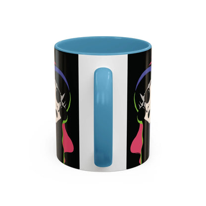 Strikingly contrasted glossy light blue interior and handle are shown near the glossy black exterior side of mug, displaying a sleek and edgy design.