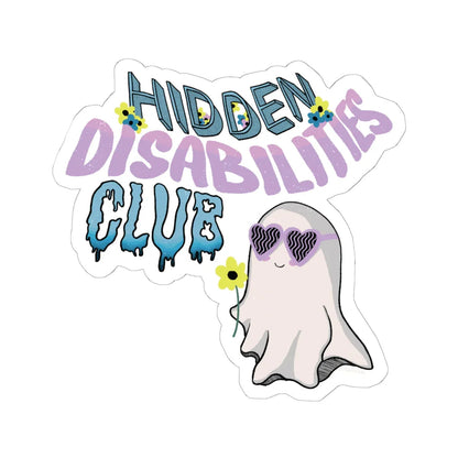 Vibrant, glossy cute ghost with heart-shaped pastel purple sunglasses holds a yellow flower. Above it, stylized text reads "Hidden Disabilities Club" with flowers. Fun and inclusive vibe.