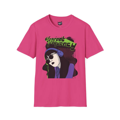 Pink retro graphic t-shirt with neon cybergirl design and ‘Different Frequency’ text in cyberpunk style