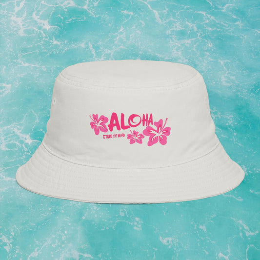 Aloha State of Mind Bucket Hat - Limited Release Design - Pink Hibiscus Tropical Vacation Summer Sun Hat  Mindkin & Co. 