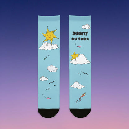 "Sunny Outlook" Crew Socks - Blue Sky Whimsical Sublimation Socks with Sun, Clouds & Kites  Mindkin & Co. 