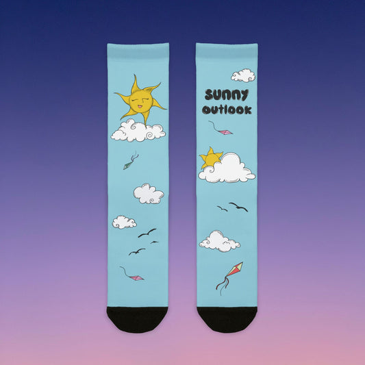 "Sunny Outlook" Crew Socks - Blue Sky Whimsical Sublimation Socks with Sun, Clouds & Kites  Mindkin & Co. 