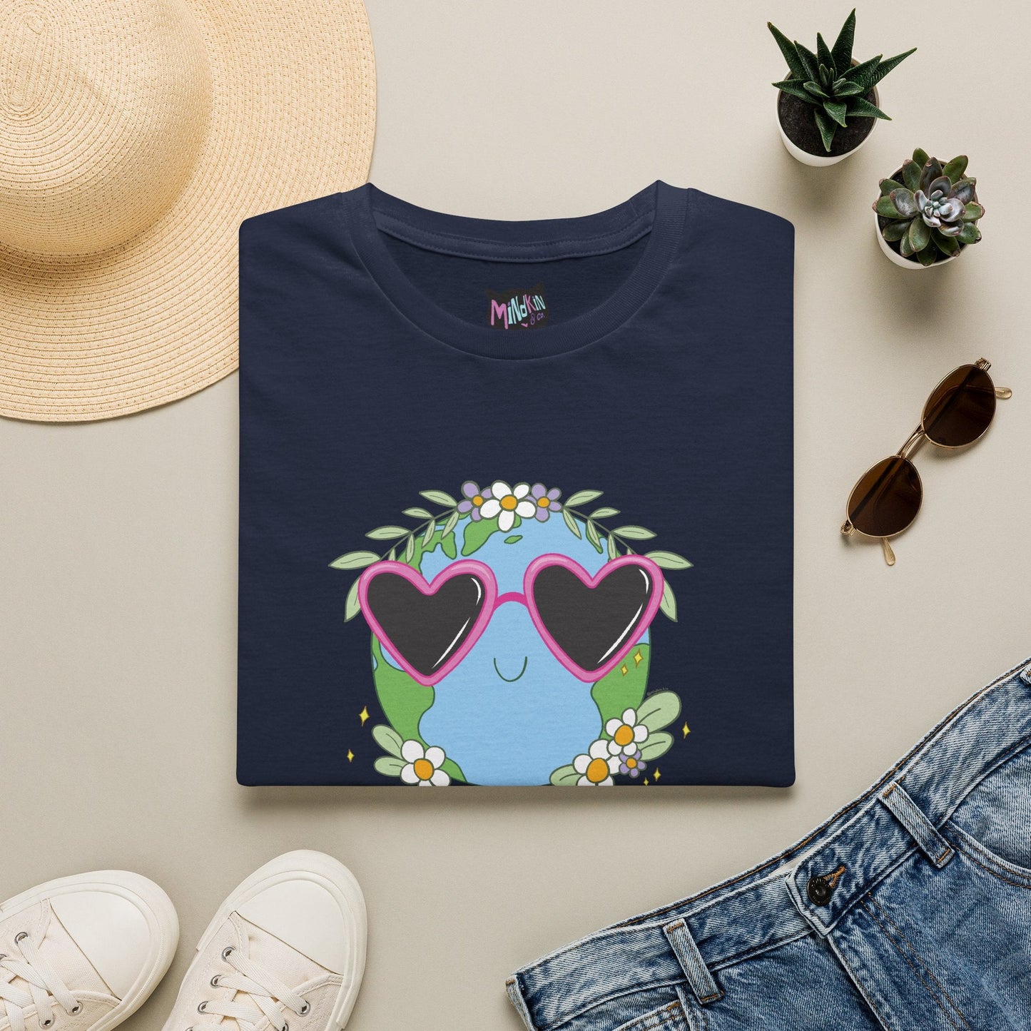 Keep It Cool Earth Graphic T-Shirt – Cute Heart Sunglasses Design Tee  Mindkin & Co. 