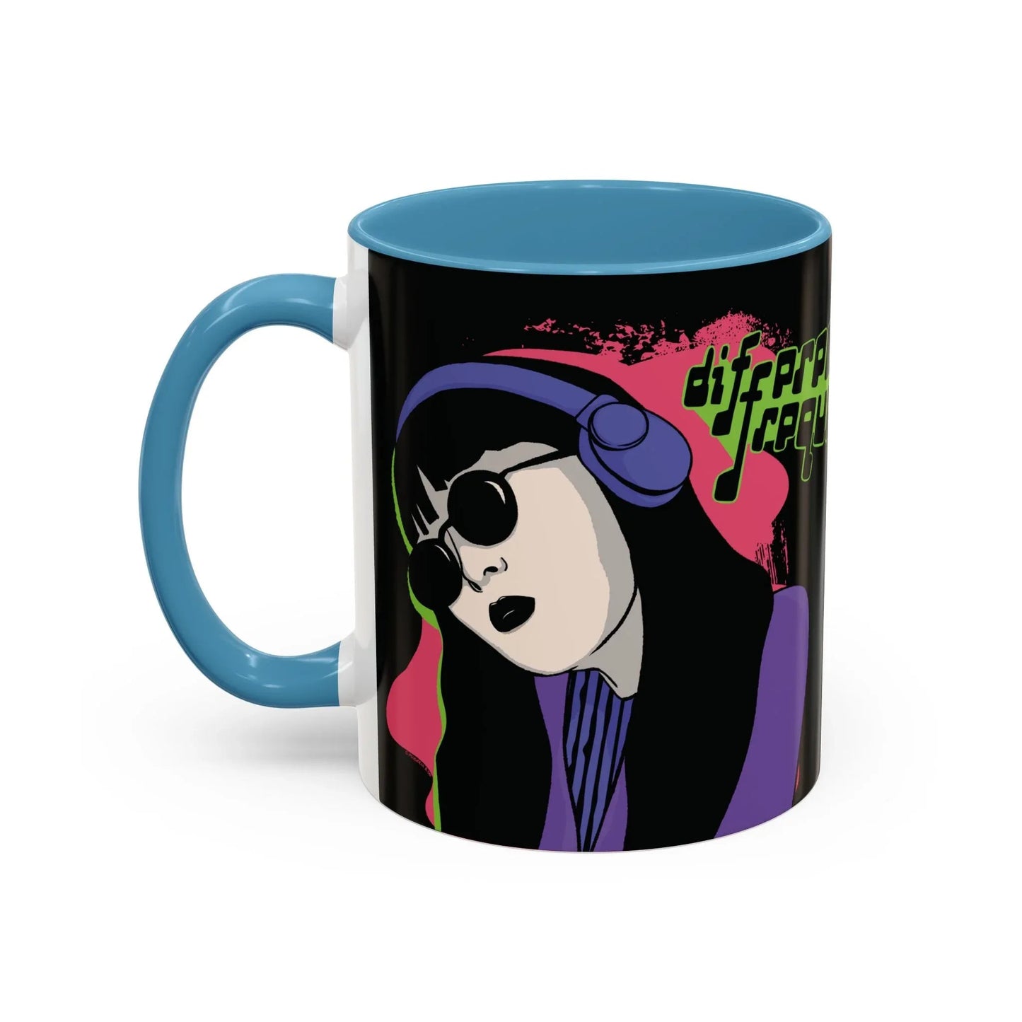 A sleek glossy black mug featuring an illustration of a girl with long dark hair, wearing sunglasses and headphones, neon green text says "different frequency" beside her. The style is grunge and retro, with the interior mug and handle in a glossy light blue finish.