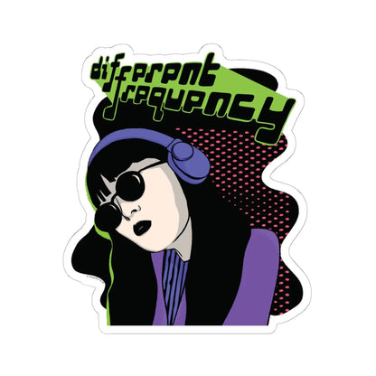 Glossy, scratch-resistant sticker of a girl with long black hair, wearing sunglasses and purple headphones, surrounded by halftone pink dots on a black background. "Different Frequency" text in neon green and black is above.