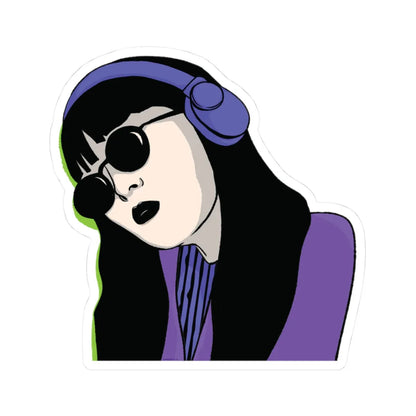 Stylized illustration of a girl with long black hair, wearing round black sunglasses, purple headphones, and purple outfit with a neon green shadow. Exudes a cool, alternative vibe.
