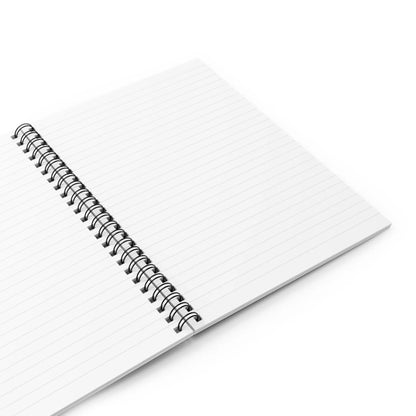 Open spiral notebook with lined white 90gsm pages. The notebook is angled, showing the metal spiral binding lays flat for easy writing.