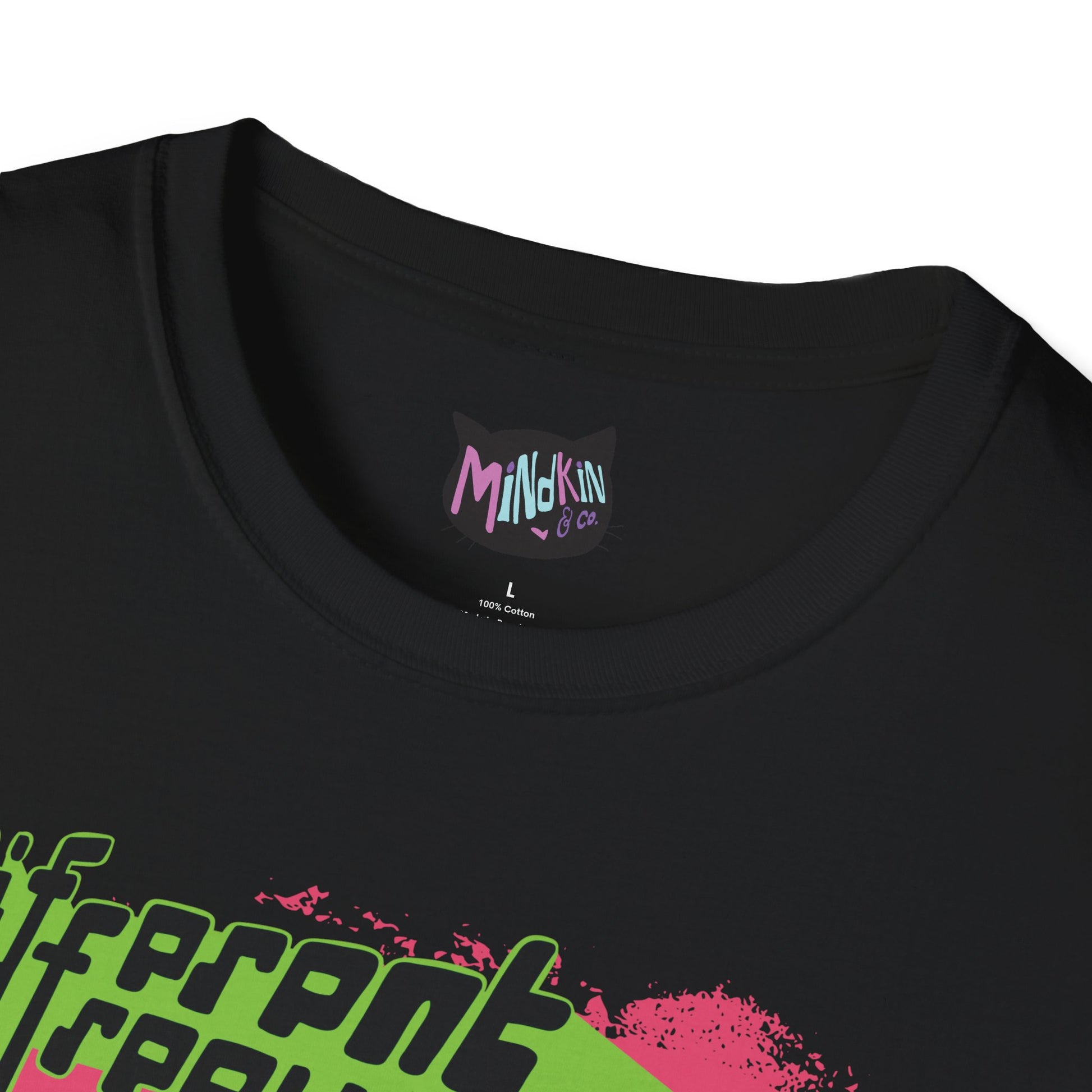 Close-up of classic ribbed collar for ‘Different Frequency’ text on black cyberpunk graphic t-shirt
