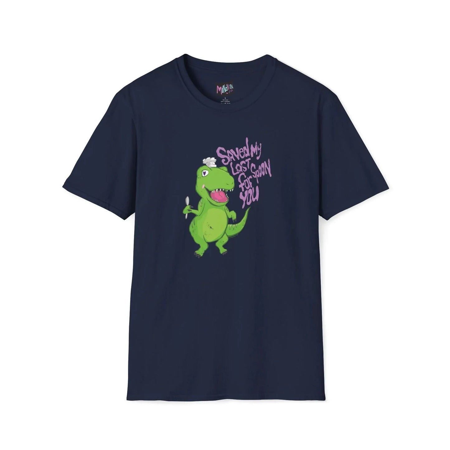 Navy T-shirt with a green dinosaur holding a spoon, wearing a white chef hat on its head. Purple text reads, "Saved My Last Spoon For You." Playful tone.
