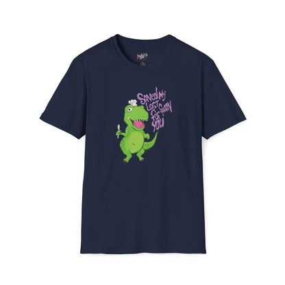 Navy T-shirt with a green dinosaur holding a spoon, wearing a white chef hat on its head. Purple text reads, "Saved My Last Spoon For You." Playful tone.
