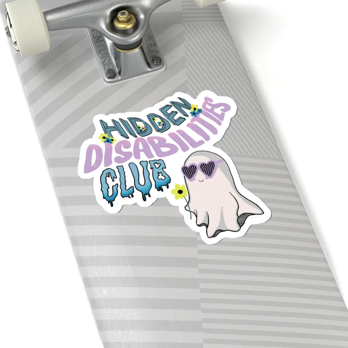 Durable, long-lasting sticker on a skateboard with text "Hidden Disabilities Club" in colorful pastel, playful font, and a smiling ghost wearing sunglasses, holding a yellow flower. Fun and inclusive tone.