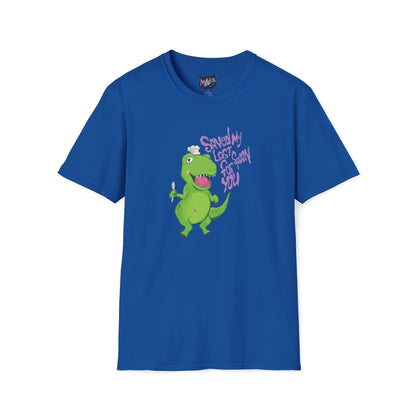 Royal blue T-shirt with a green dinosaur holding a spoon, wearing a white chef hat on its head. Purple text reads, "Saved My Last Spoon For You."