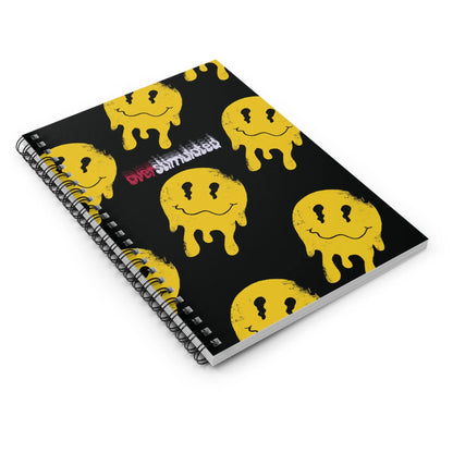Spiral-bound notebook with black cover, featuring repeated yellow, drippy smiley faces and the word "Overstimulated" in glitchy white and red text.