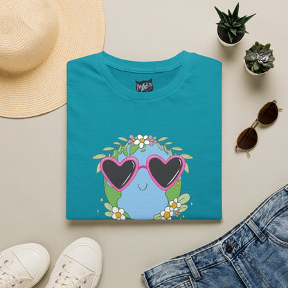 Keep It Cool Earth Graphic T-Shirt – Cute Heart Sunglasses Design Tee  Mindkin & Co. 
