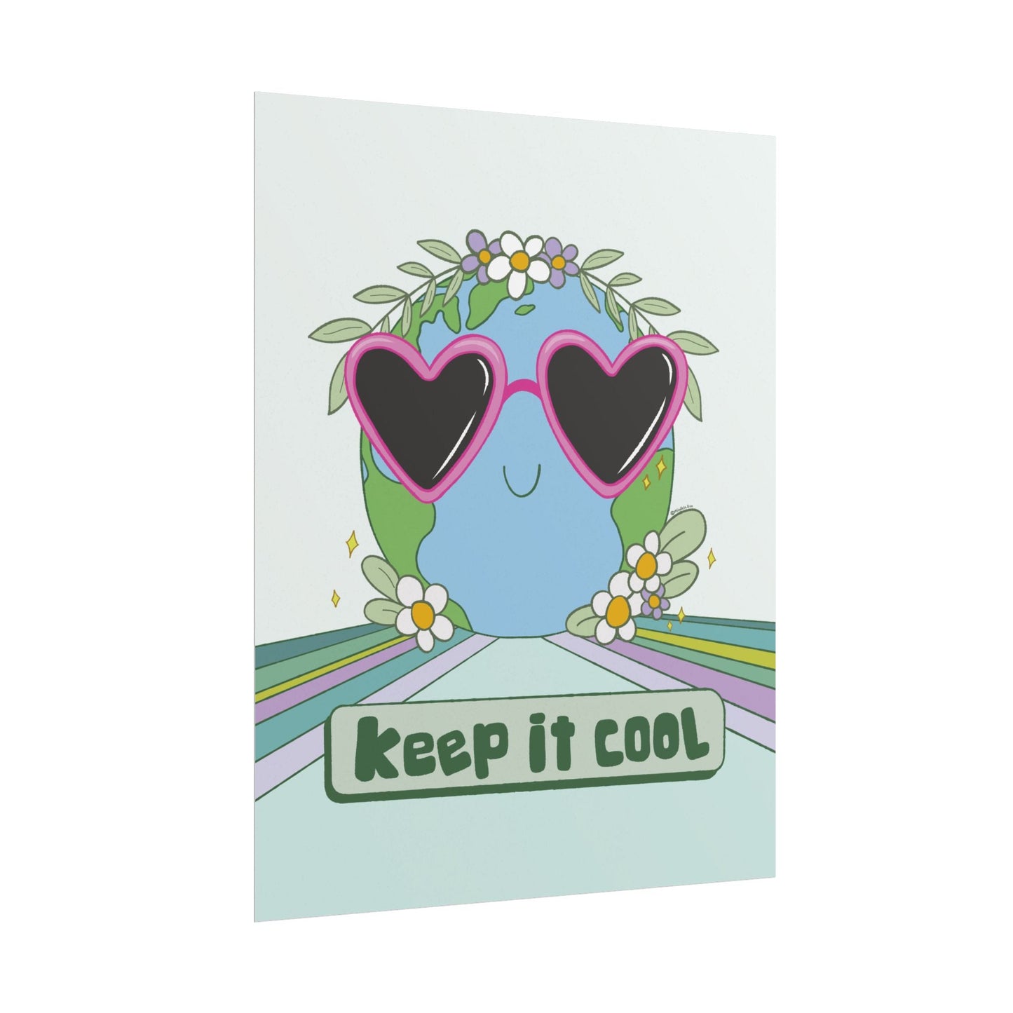 Keep It Cool Earth Poster – Retro Cute Planet Wall Art Print with Heart Sunglasses, Pastel Aesthetic Home Decor, Nature Illustration Gift Mindkin & Co