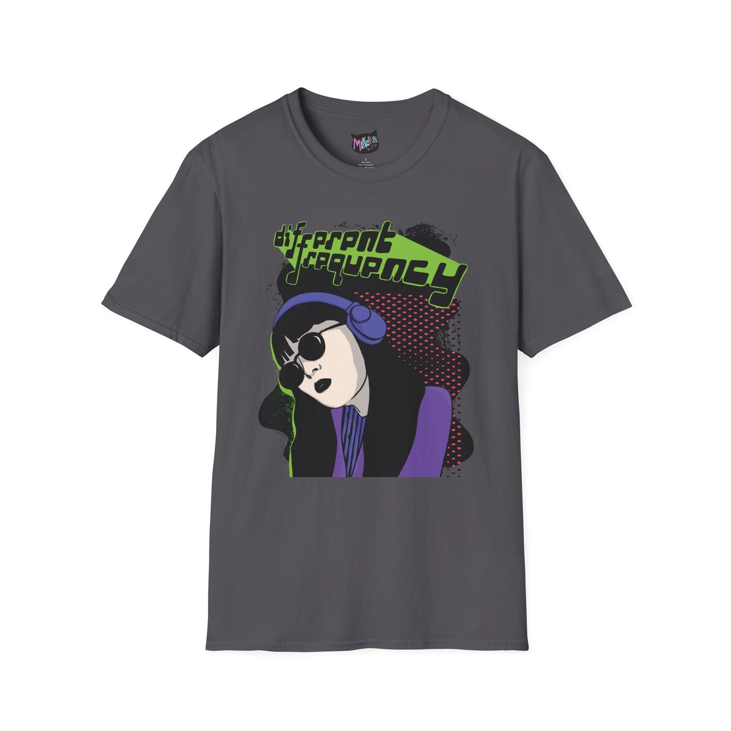 Gray unisex cybergirl graphic tee with colorful neon cyberpunk illustration and bold front print