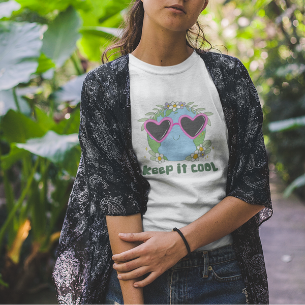 Keep It Cool Earth Graphic T-Shirt – Cute Heart Sunglasses Design Tee  Mindkin & Co. 