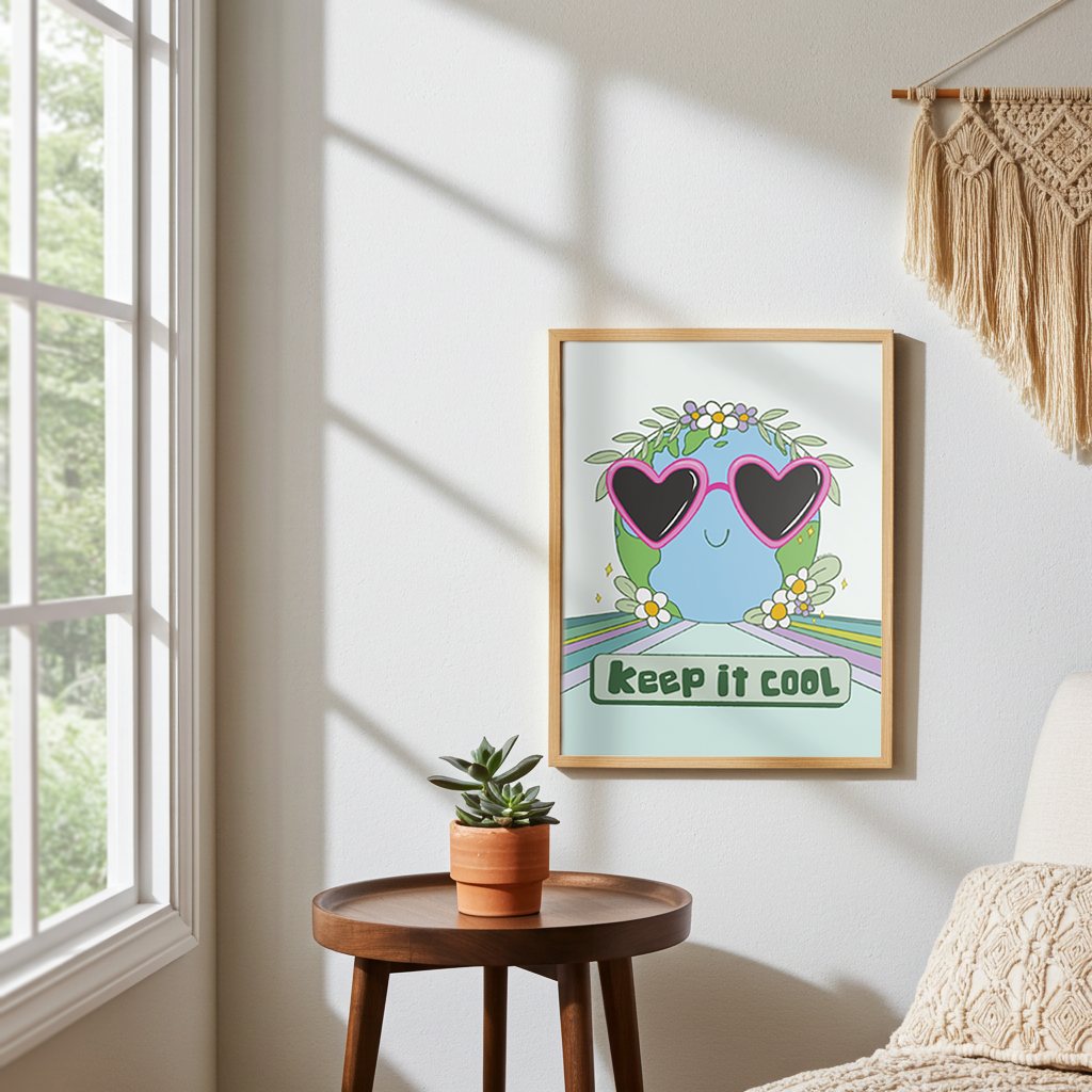 Framed Keep It Cool Earth art print in frame with a smiling planet earth wearing heart-shaped sunglasses and flower crown, reads "keep it cool." Beside is a round table with a potted plant. Sunlit cozy room.