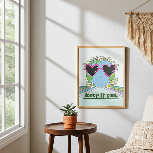 Framed Keep It Cool Earth art print in frame with a smiling planet earth wearing heart-shaped sunglasses and flower crown, reads "keep it cool." Beside is a round table with a potted plant. Sunlit cozy room.