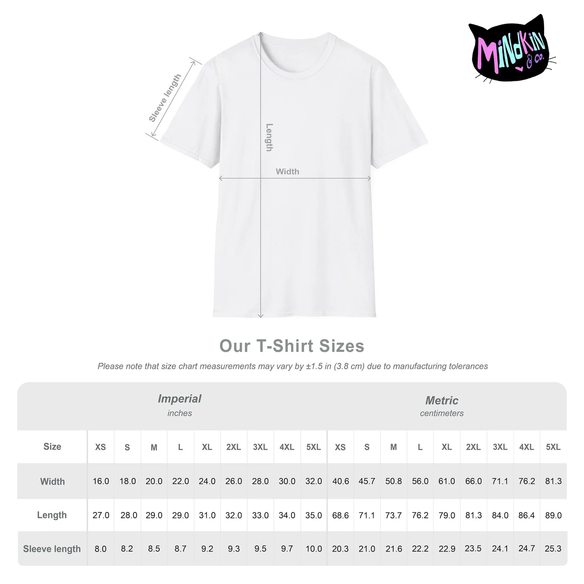 T-shirt size chart displaying measurements for various sizes from XS to 5XL in inches and centimeters. Includes width, length, and sleeve length.