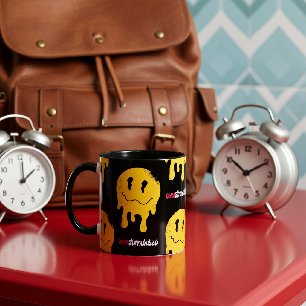 A sleek black glossy mug with black glossy handle and interior sits on a wooden red surface surrounded by alarm clocks and a backpack. 