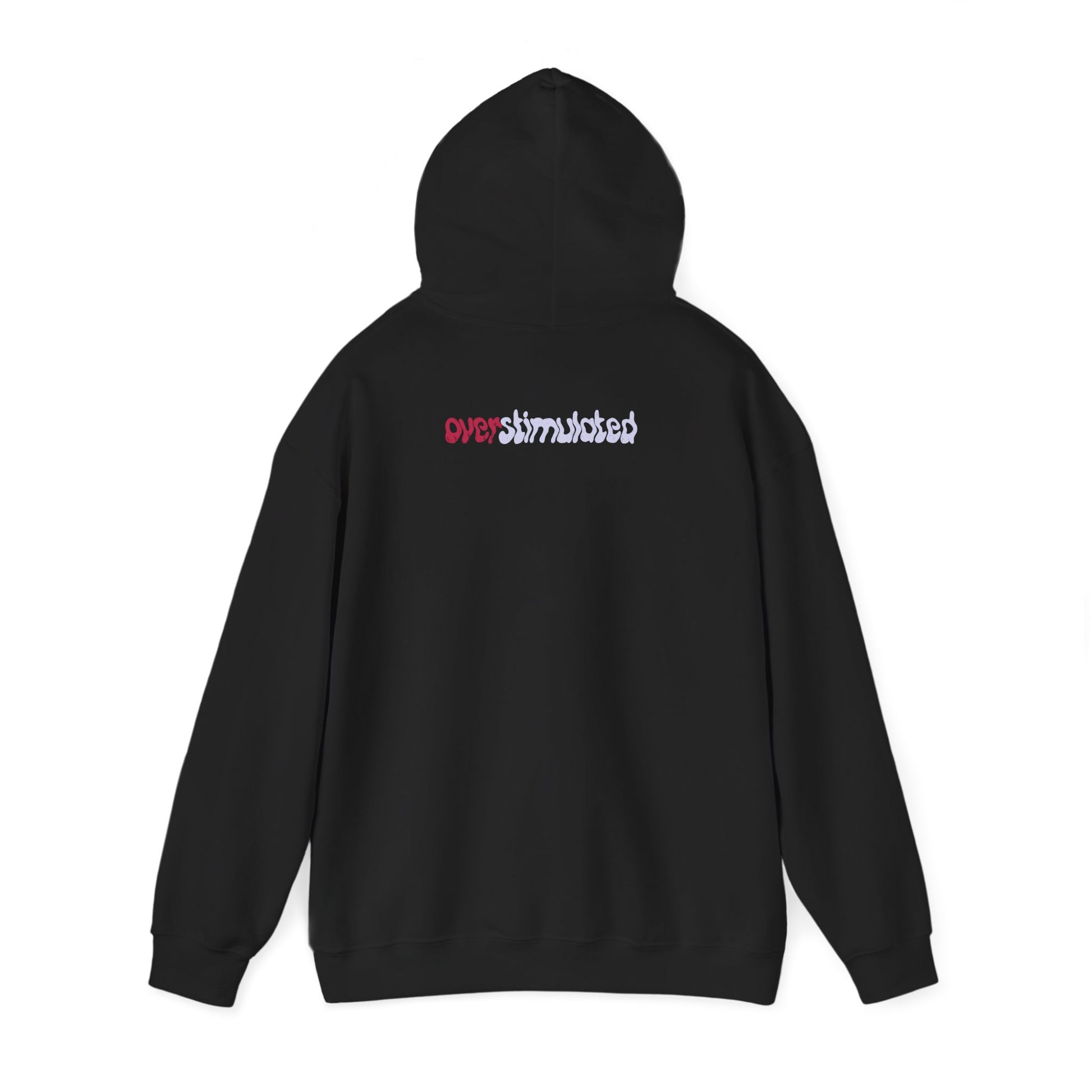 Back view of black “Overstimulated” hoodie by Mindkin & Co. with hood up, showing subtle back text detail that says "overstimulated"