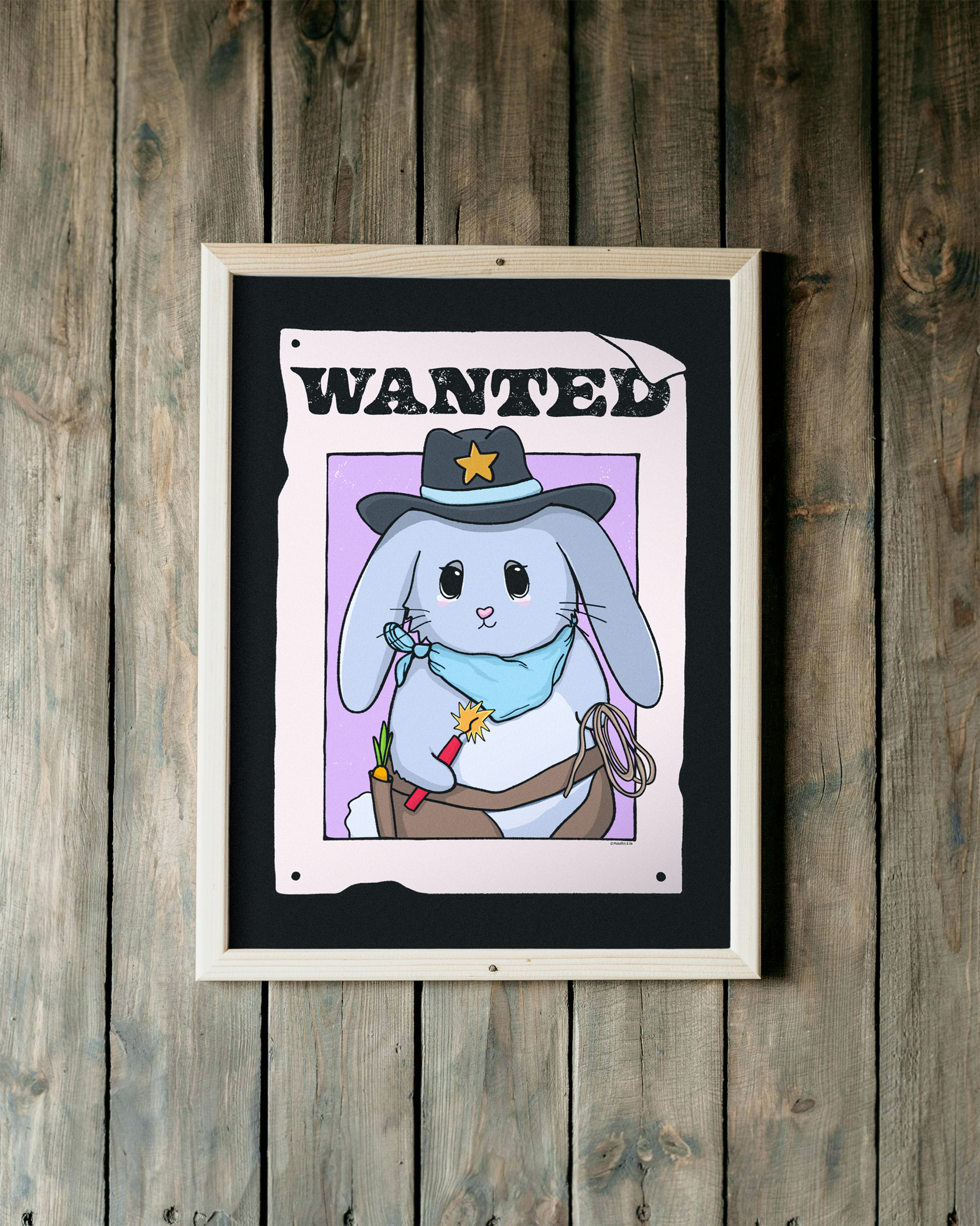 Wanted: Haretrigger Jane Bunny Art Print - Cute Whimsical Western Rabbit Wall Poster  Mindkin & Co. 