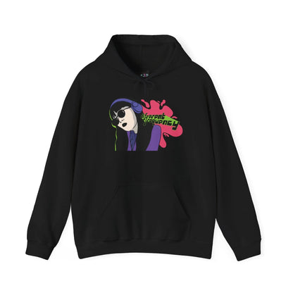 Front view of black hoodie with hand-drawn Retro Cybergirl graphic in neon purple, green, and pink featuring a headset-wearing figure and ‘Different Frequency’ text by Mindkin & Co.