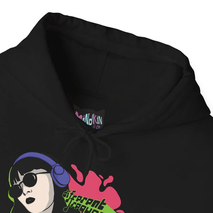 Close-up of black hoodie’s ribbed collar and drawcord detail on “Different Frequency” graphic hoodie
