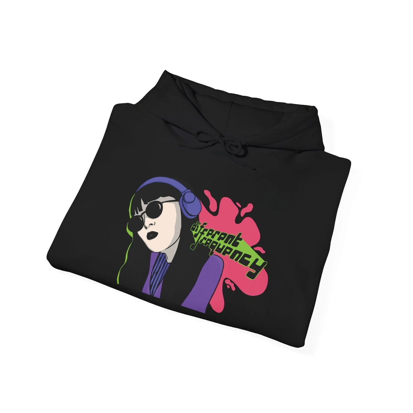 Folded black “Different Frequency” hoodie showing soft cotton-poly fabric and graphic print by Mindkin & Co.