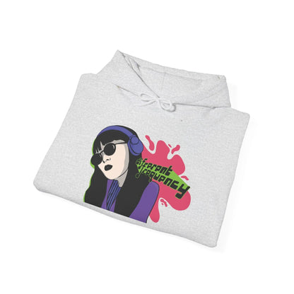 Folded light gray “Different Frequency” hoodie showing soft cotton-poly fabric and graphic print by Mindkin & Co.