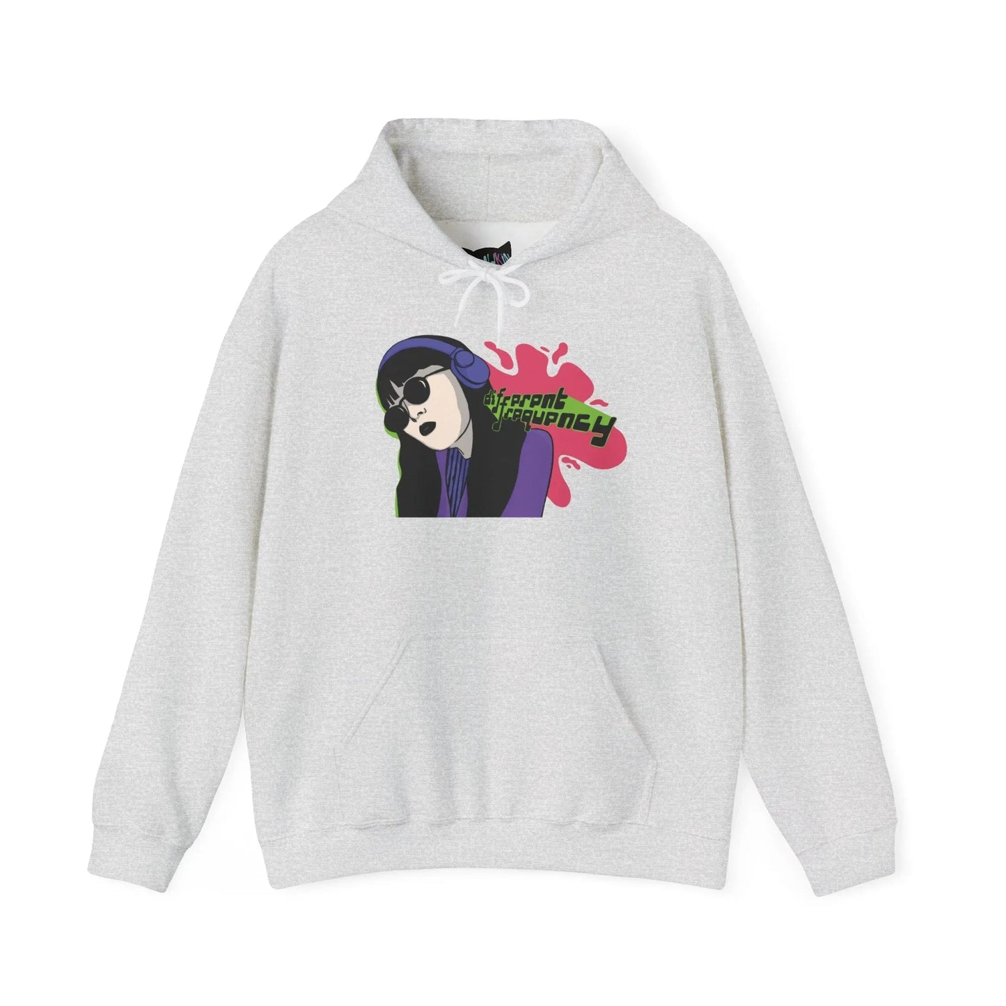 Front view of light gray hoodie with hand-drawn Retro Cybergirl graphic in neon purple, green, and pink featuring a headset-wearing figure and ‘Different Frequency’ text by Mindkin & Co.