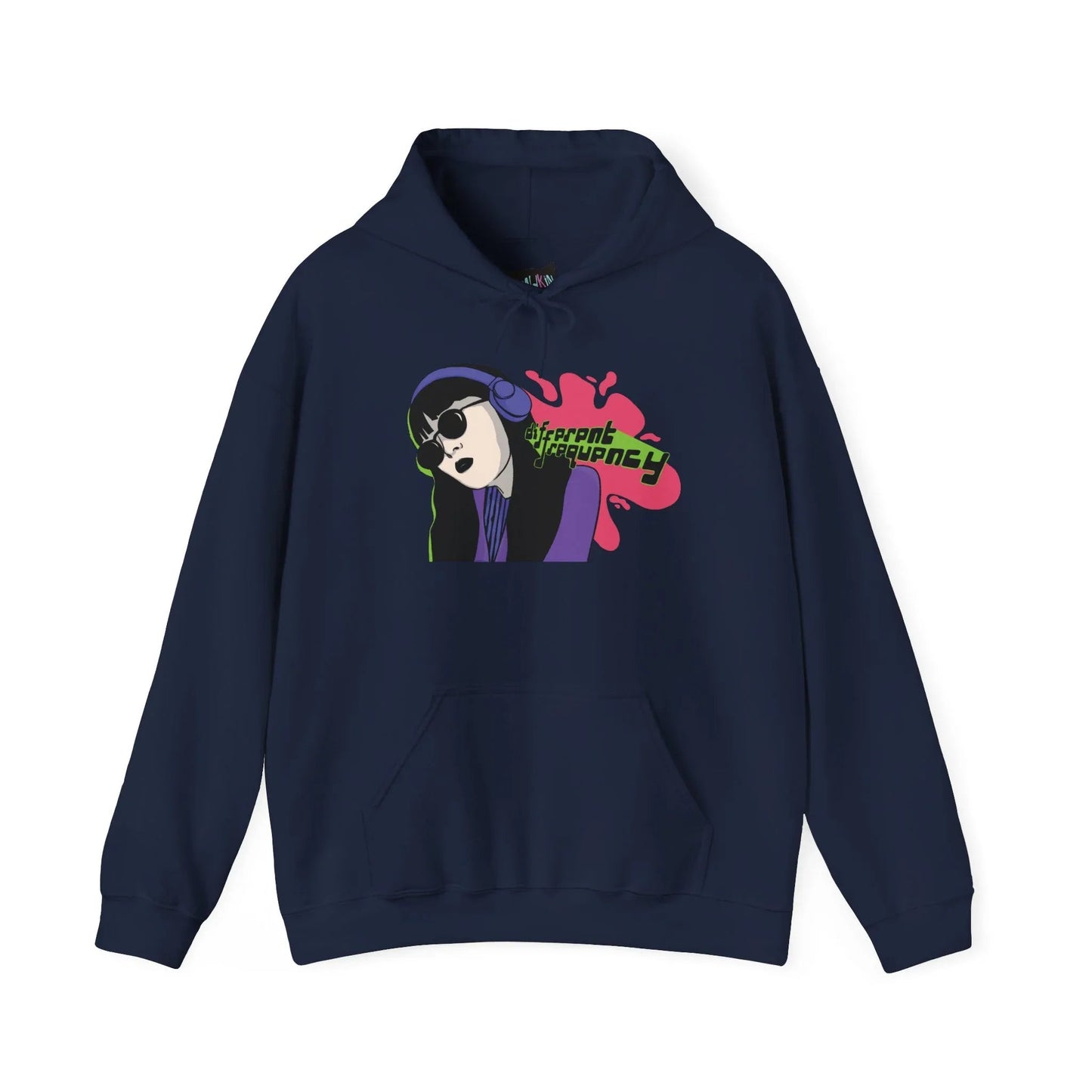 Front view of navy hoodie with hand-drawn Retro Cybergirl graphic in neon purple, green, and pink featuring a headset-wearing figure and ‘Different Frequency’ text by Mindkin & Co.