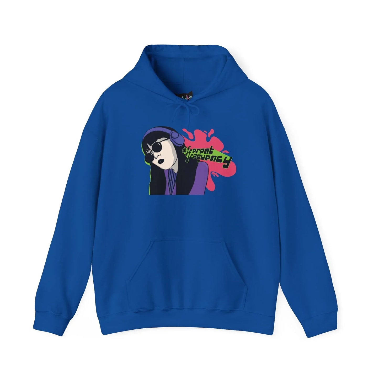 Front view of royal blue hoodie with hand-drawn Retro Cybergirl graphic in neon purple, green, and pink featuring a headset-wearing figure and ‘Different Frequency’ text by Mindkin & Co.