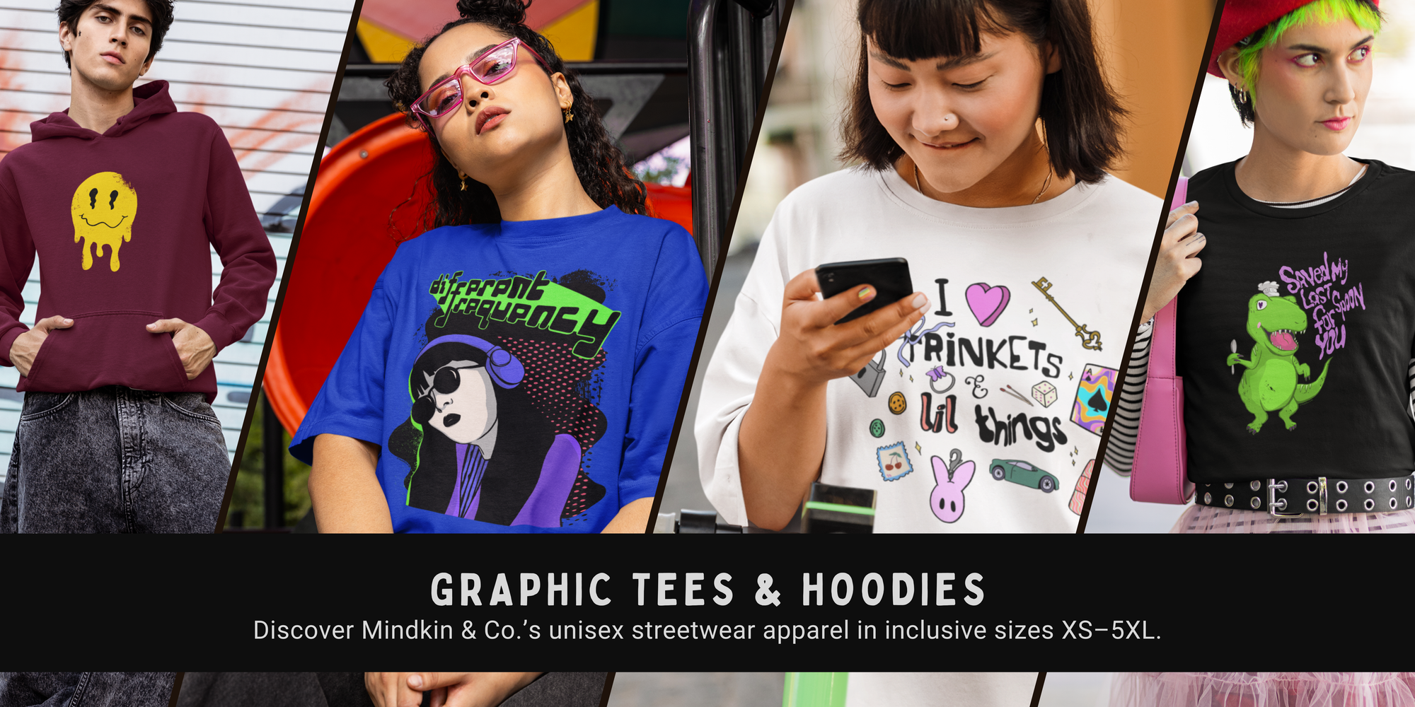 Collage of people wearing Mindkin and Co. graphic tees and hoodies with promotional text for Mindkin & Co. streetwear apparel.