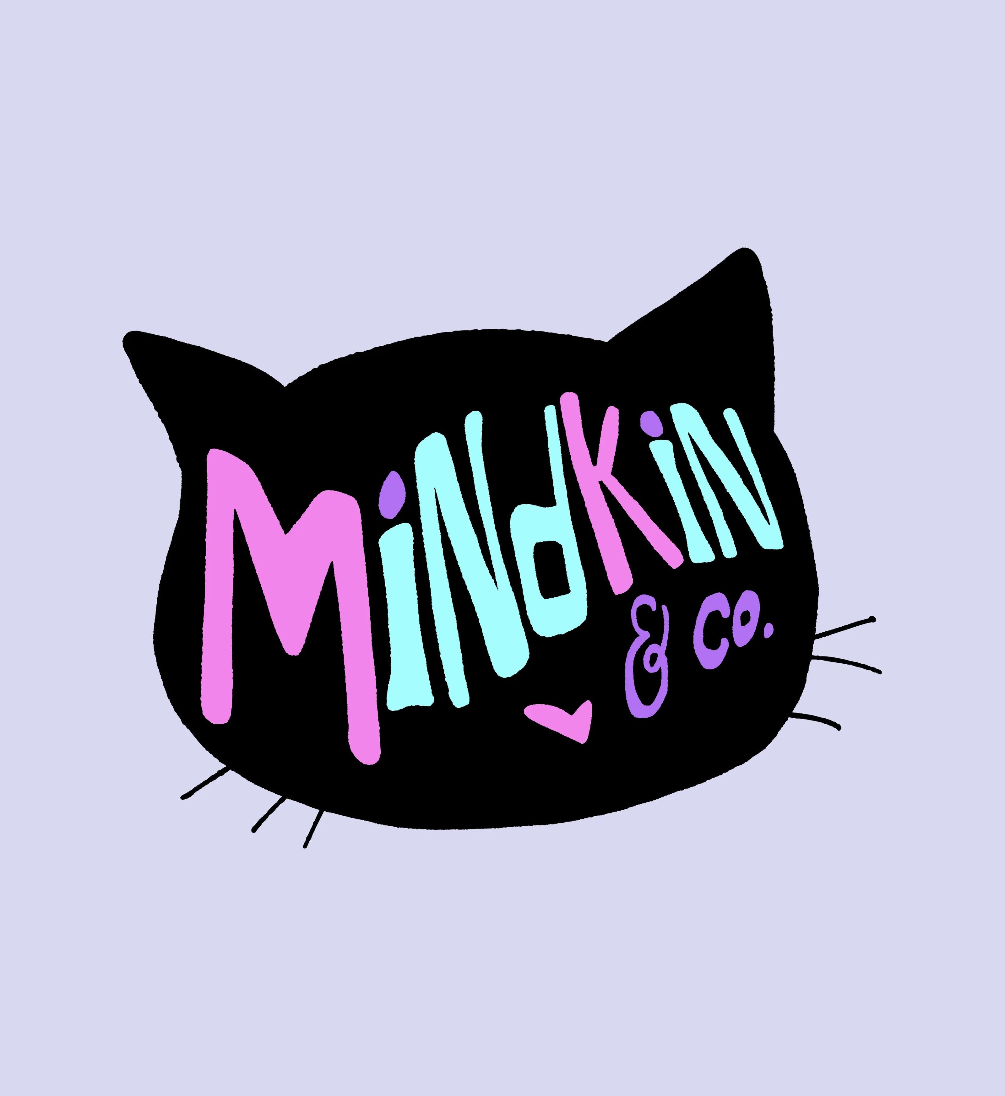 A black silhouette of a cat's head with colorful, playful intentionally mismatched text that reads "Mindkin & co." in pastel pink, blue, and purple against a light purple background. Fun and whimsical tone.