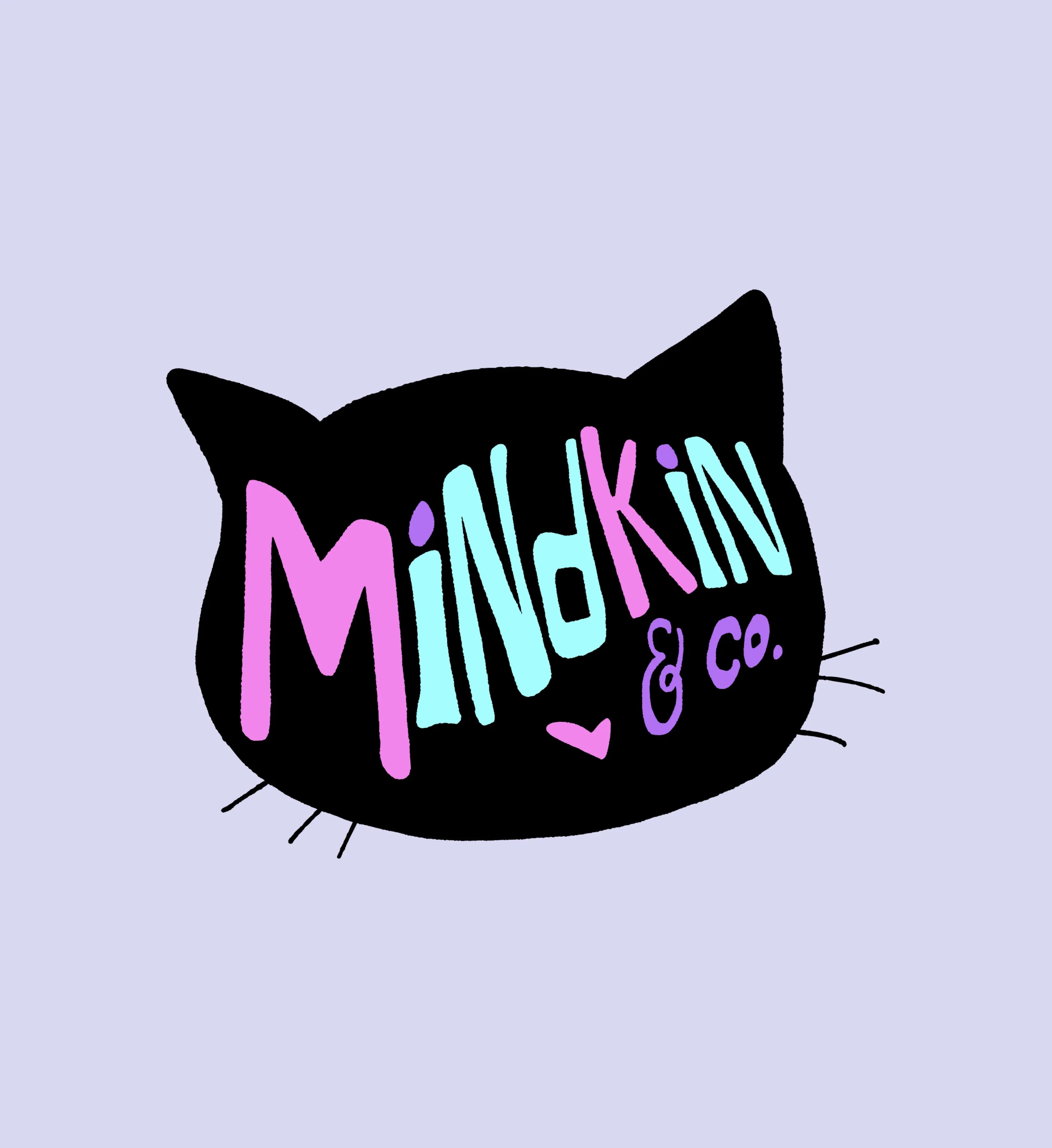 A black silhouette of a cat's head with colorful, playful intentionally mismatched text that reads 
