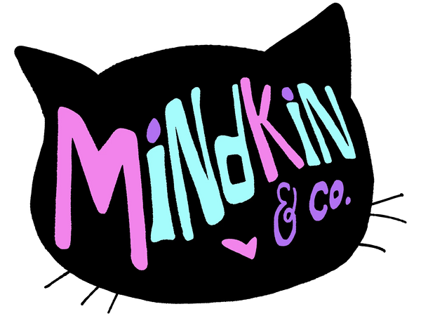 A black silhouette of a cat's head with colorful, playful intentionally mismatched text that reads "Mindkin & Co." in pastel pink, blue, and purple. Fun and whimsical tone.