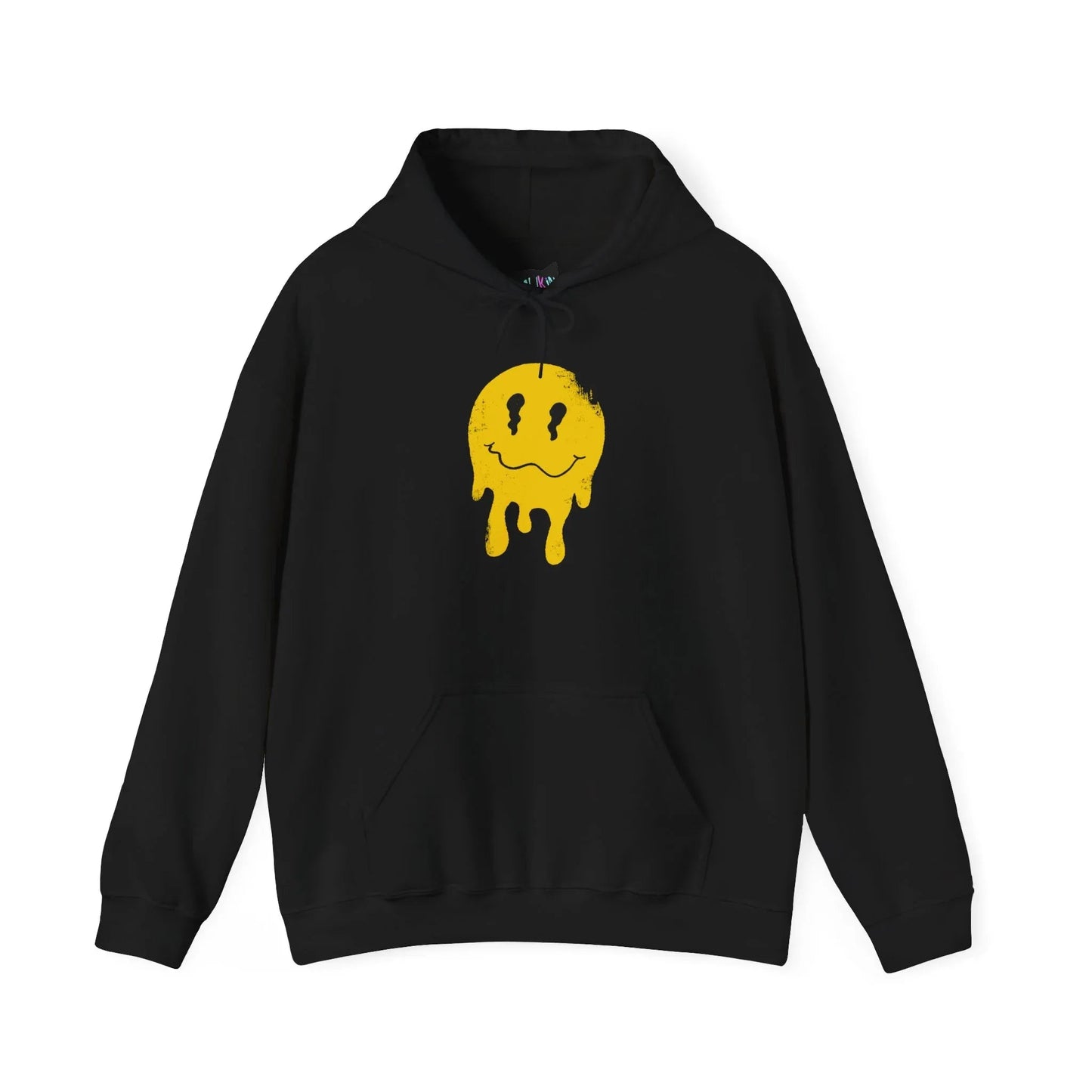 Black hoodie featuring a hand-drawn dripping yellow smiley face graphic by Mindkin & Co.