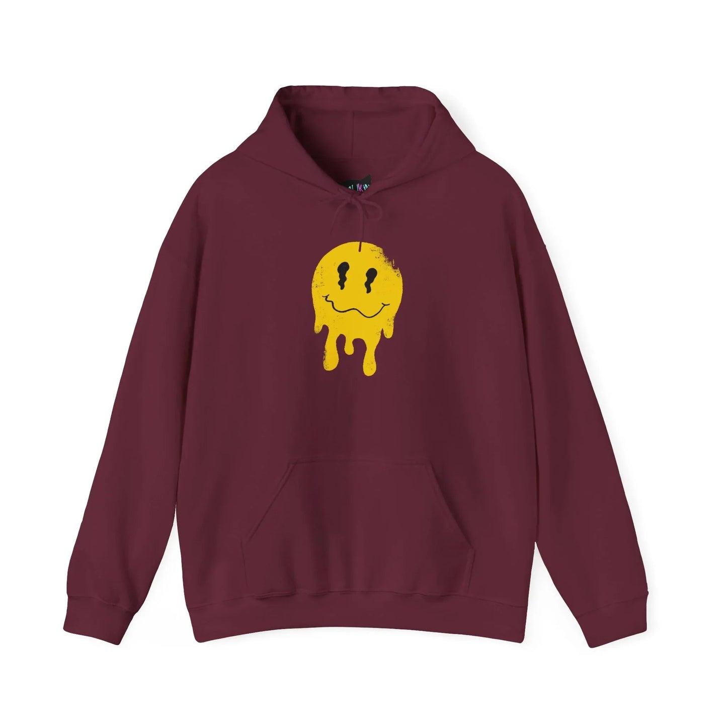Front view of maroon “Overstimulated” hoodie by Mindkin & Co. featuring hand-drawn dripping yellow smiley graphic
