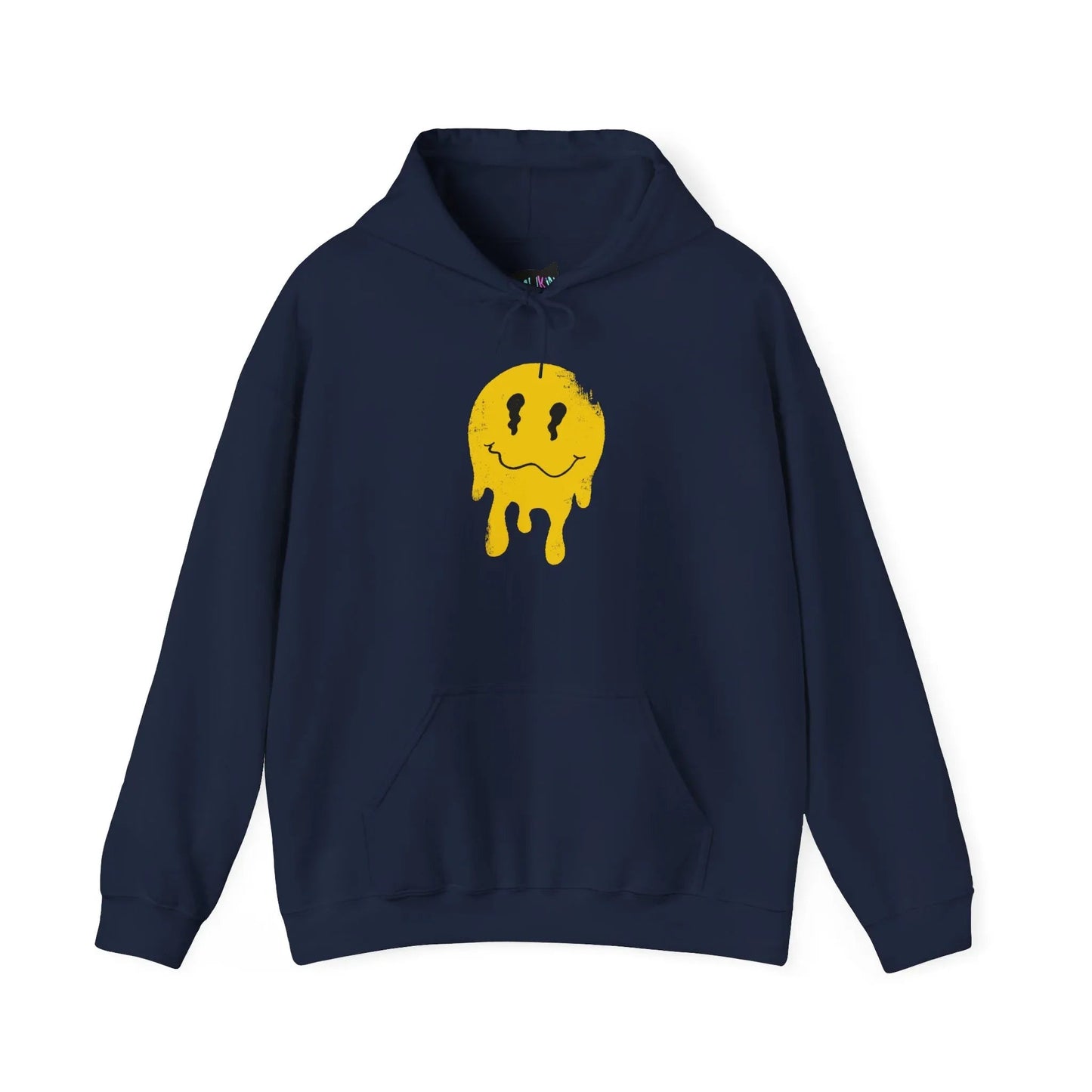 Navy hoodie featuring a hand-drawn dripping yellow smiley face graphic by Mindkin & Co.”