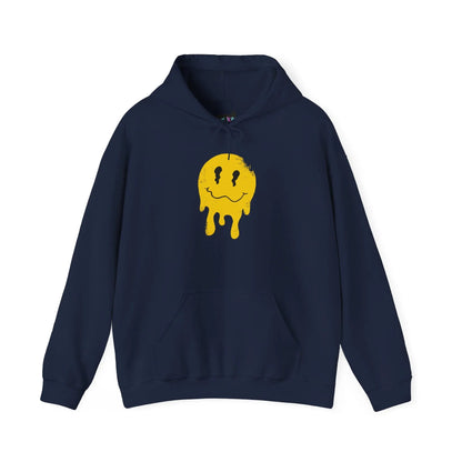 Navy hoodie featuring a hand-drawn dripping yellow smiley face graphic by Mindkin & Co.”