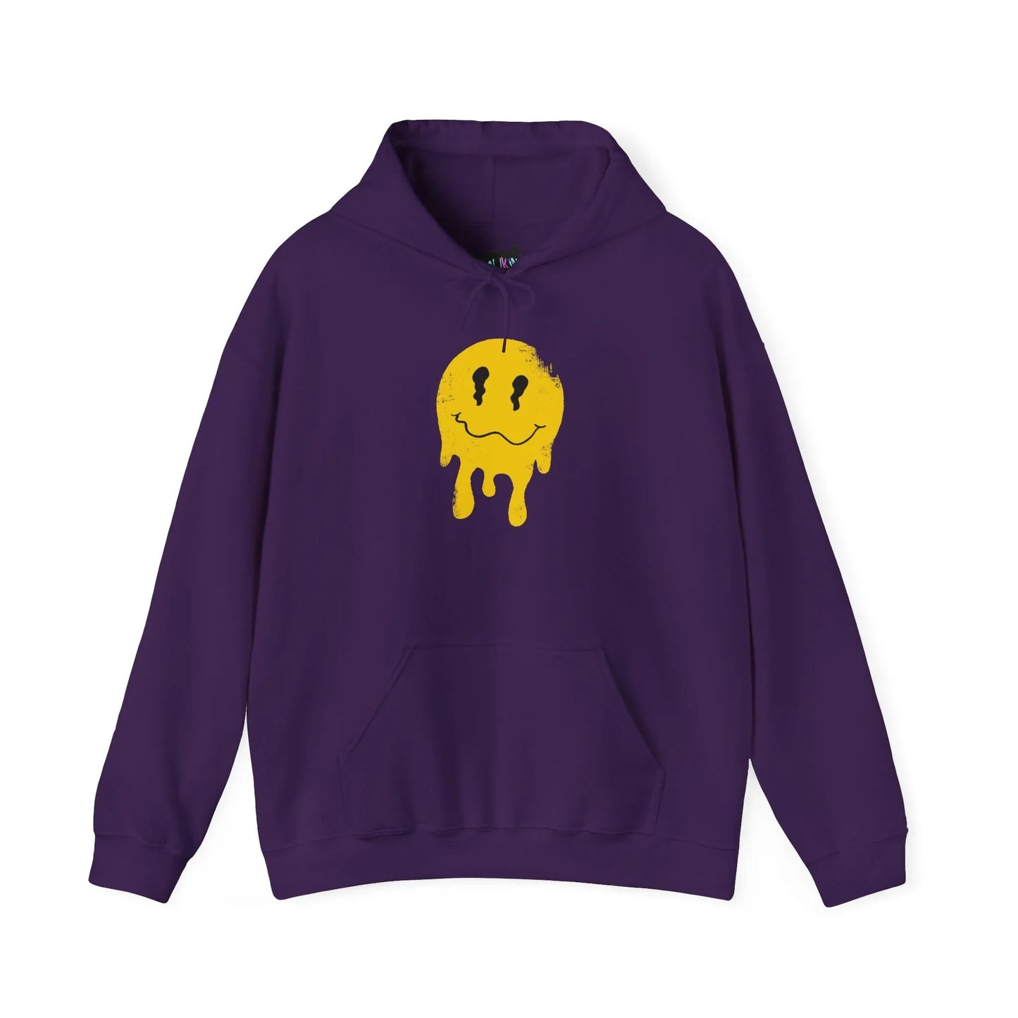 Front view of purple “Overstimulated” hoodie by Mindkin & Co. featuring hand-drawn dripping yellow smiley graphic
