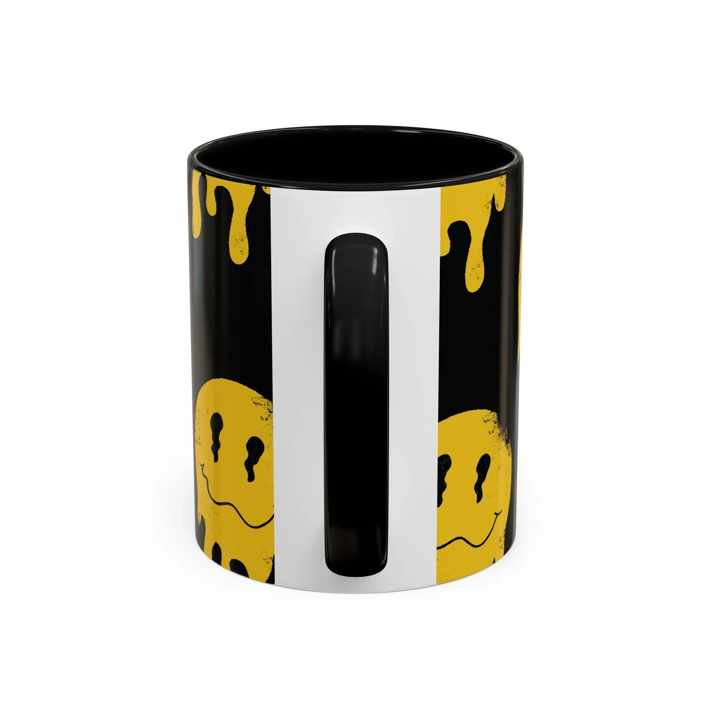 Black glossy handle and side image of mug, with a yellow smiley face design. The artwork creates a playful, edgy tone.