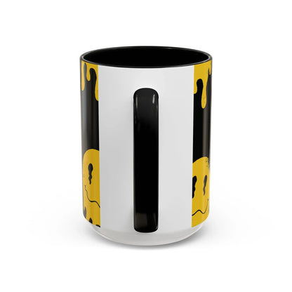 Black 15oz mug with a black glossy handle and interior, featuring a yellow smiley pattern, creating an edgy and artistic feel.