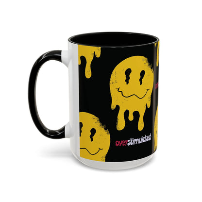 Black 15oz mug with a yellow melting smiley face pattern, evoking a playful, edgy vibe. The word "overstimulated" appears in red and white text.