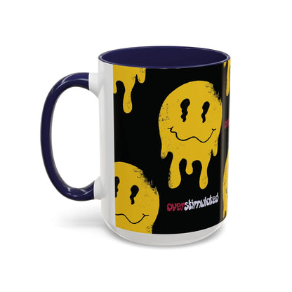 Black 15oz mug with a yellow melting smiley face pattern, evoking a playful, edgy vibe. The word "overstimulated" appears in red and white text, with glossy navy handle and interior.
