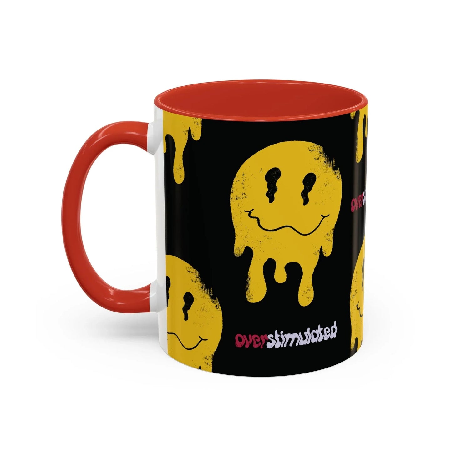 Black mug with a yellow melting smiley face pattern, evoking a playful, edgy vibe. The word "overstimulated" appears in red and white text, with glossy red handle and interior.