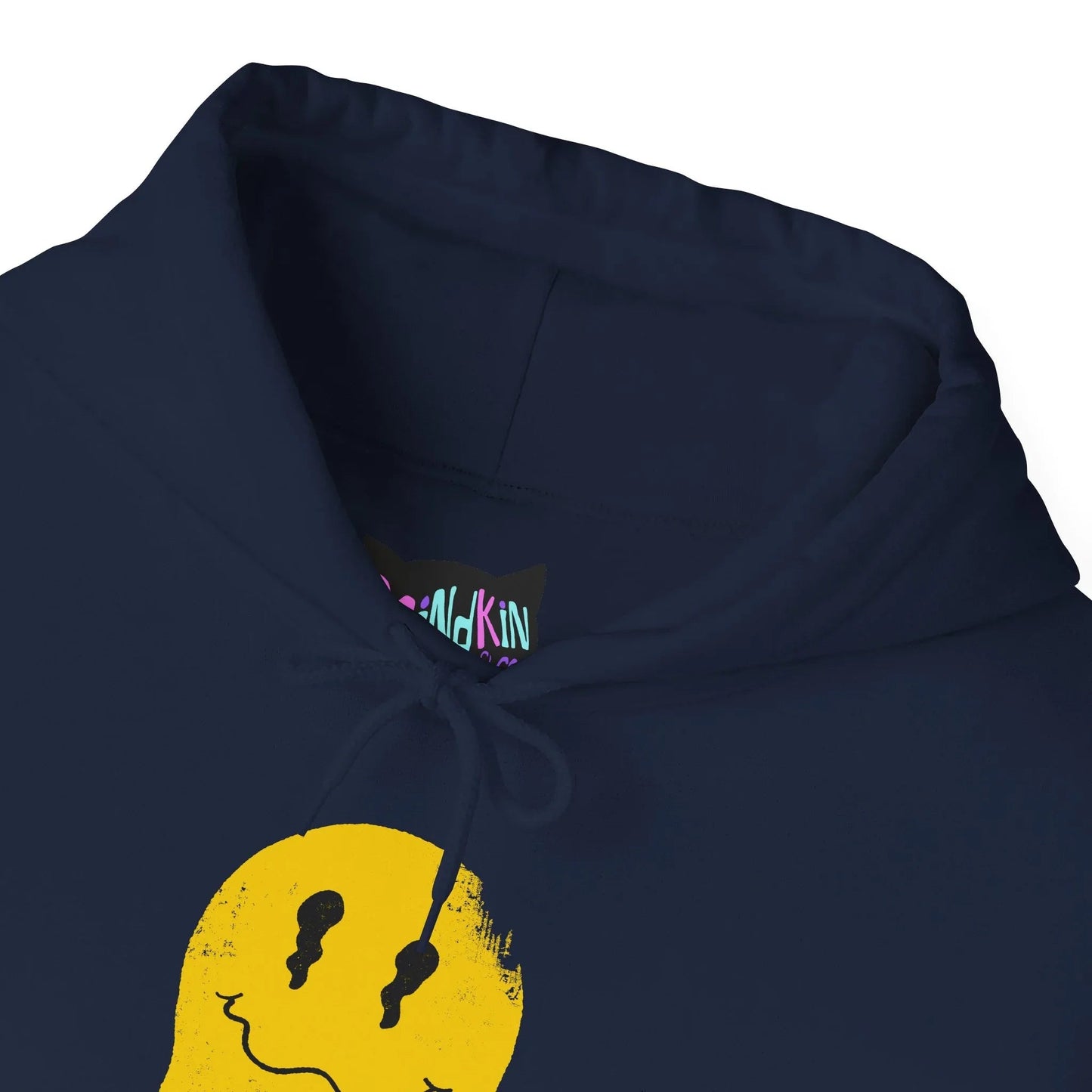 Close-up of navy hoodie’s collar and drawcord details on “Overstimulated” dripping smiley graphic hoodie
